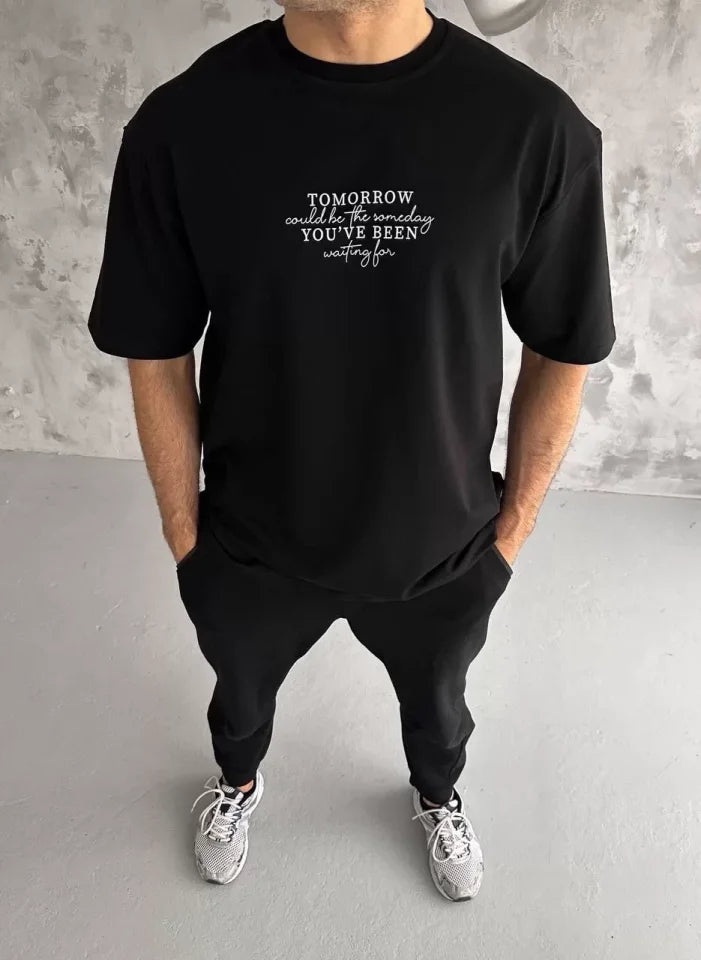 Unisex Bisiklet Yaka Baskılı Oversize T-Shirt - Siyah (108579)