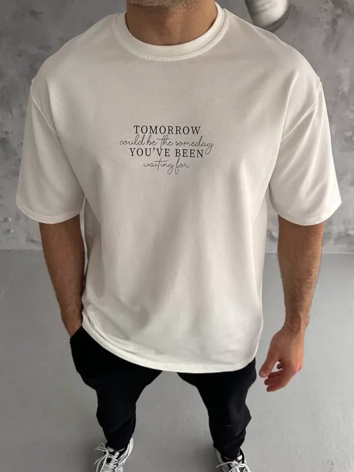 Unisex Bisiklet Yaka Baskılı Oversize T-Shirt - Beyaz (108580)