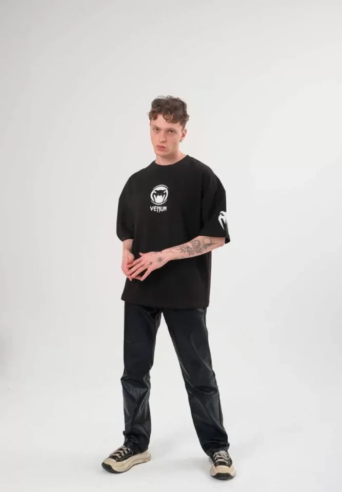 Unisex Bisiklet Yaka Baskılı Oversize T-Shirt - Siyah (108583)