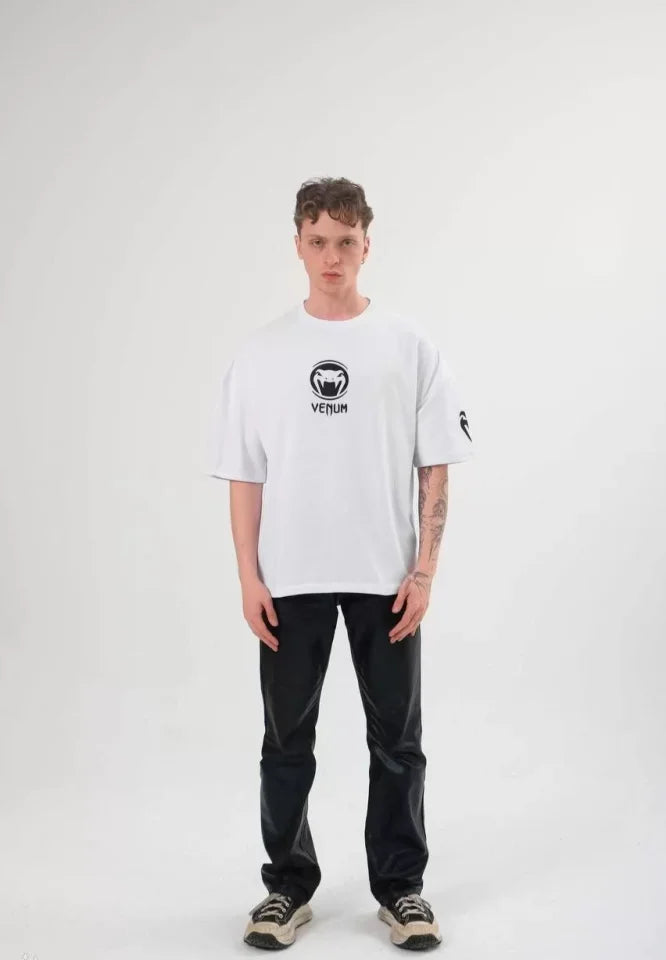 Unisex Bisiklet Yaka Baskılı Oversize T-Shirt - Beyaz (108584)