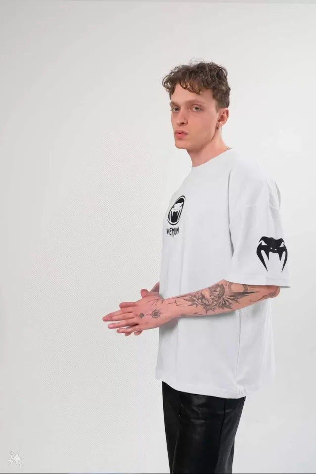 Unisex Bisiklet Yaka Baskılı Oversize T-Shirt - Beyaz (108584)