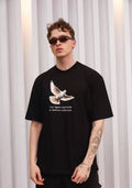 Unisex Bisiklet Yaka Baskılı Oversize T-Shirt - Siyah (108680)