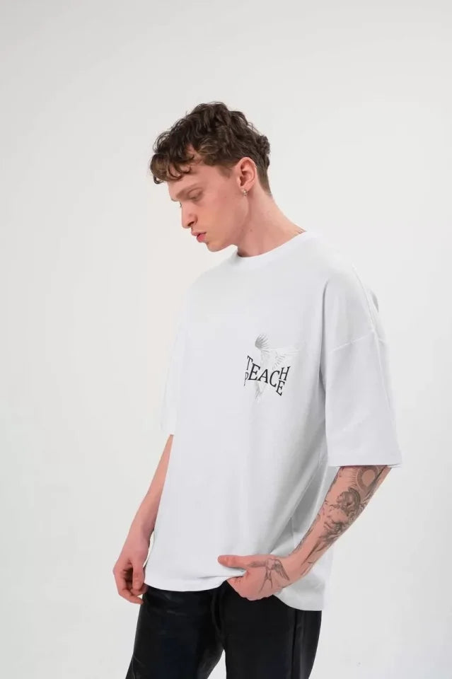 Unisex Bisiklet Yaka Baskılı Oversize T-Shirt - Beyaz (108683)