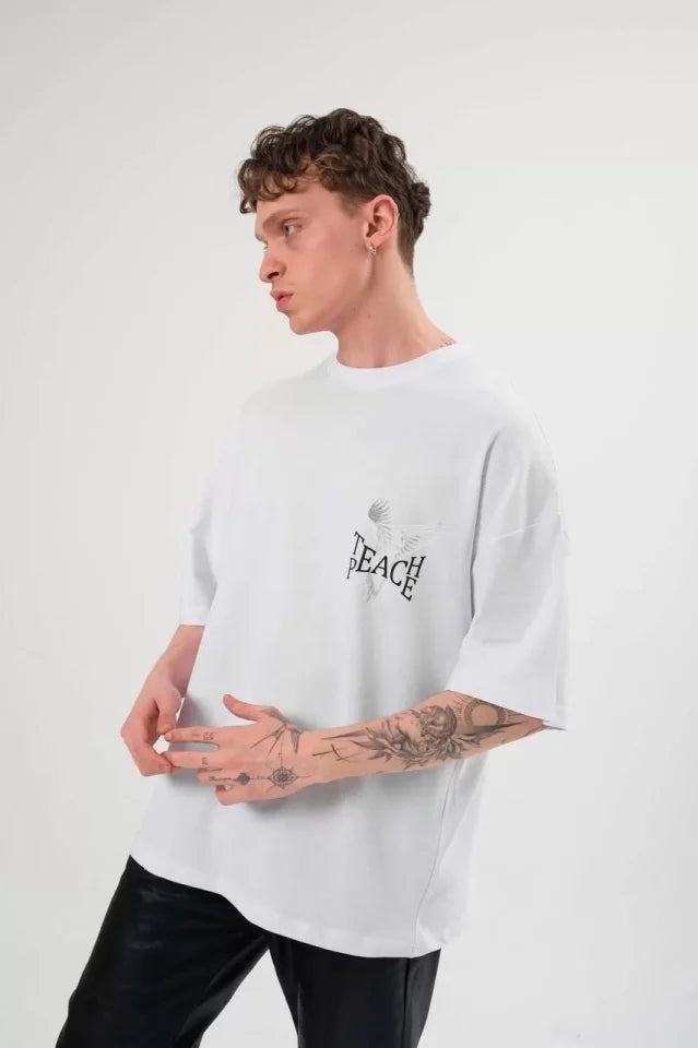 Unisex Bisiklet Yaka Baskılı Oversize T-Shirt - Beyaz (108683)