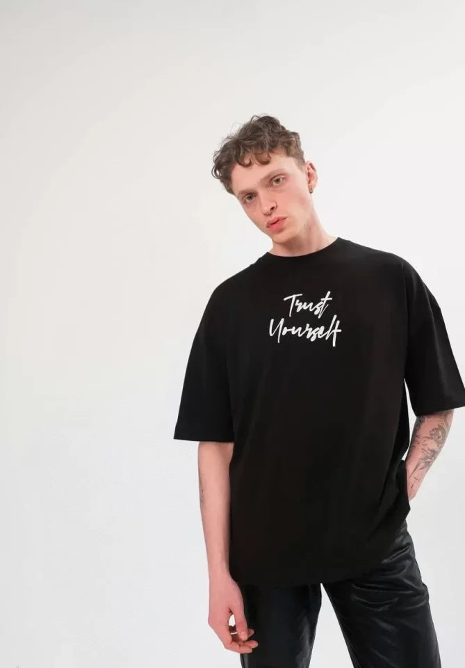 Unisex Bisiklet Yaka Baskılı Oversize T-Shirt - Siyah (108686)