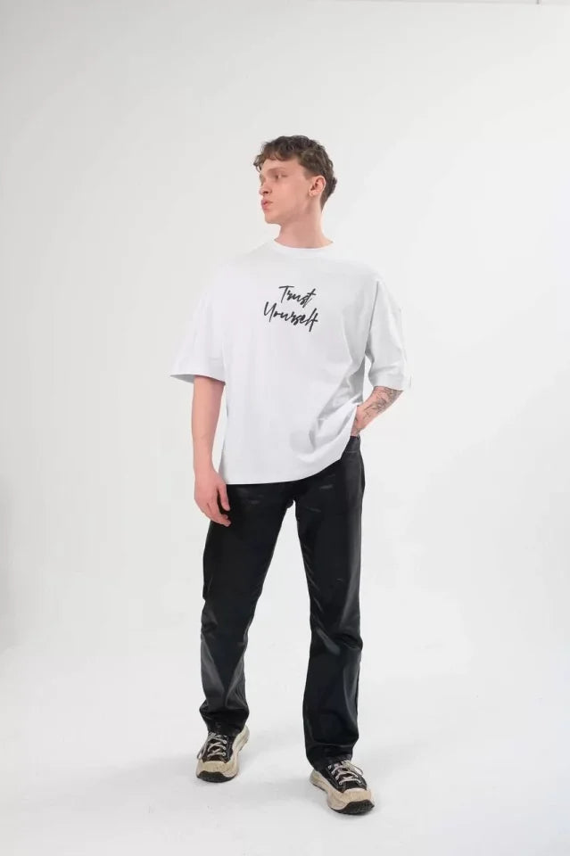Unisex Bisiklet Yaka Baskılı Oversize T-Shirt - Beyaz (108687)