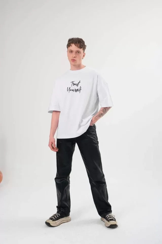 Unisex Bisiklet Yaka Baskılı Oversize T-Shirt - Beyaz (108687)