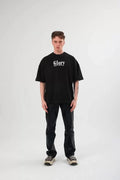 Unisex Bisiklet Yaka Baskılı Oversize T-Shirt - Siyah (108738)