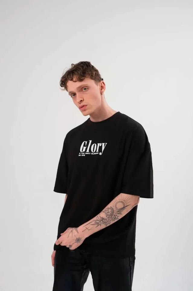 Unisex Bisiklet Yaka Baskılı Oversize T-Shirt - Siyah (108738)