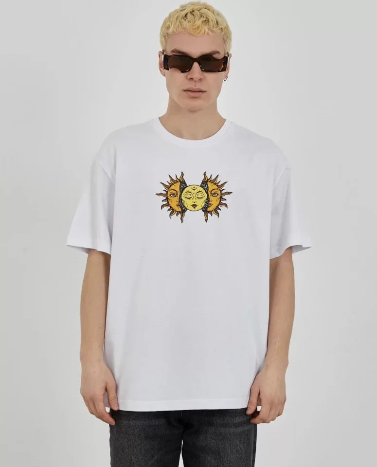 Unisex Bisiklet Yaka Baskılı Oversize T-Shirt - Beyaz (108849)
