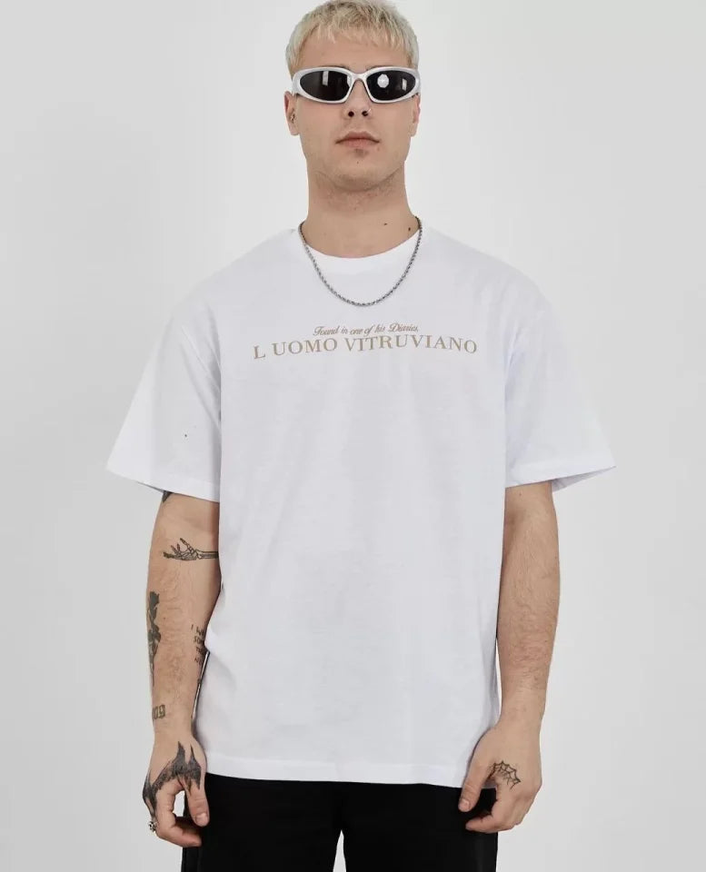 Unisex Bisiklet Yaka Baskılı Oversize T-Shirt - Beyaz (108881)
