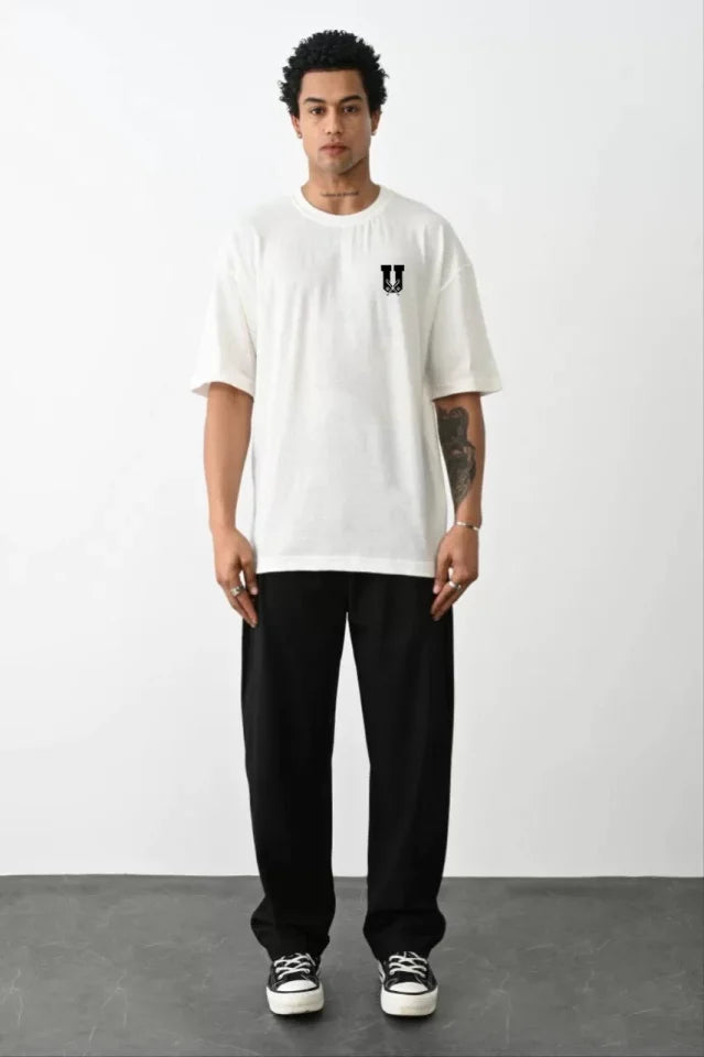 Unisex Bisiklet Yaka Baskılı Oversize T-Shirt - Beyaz (109067)
