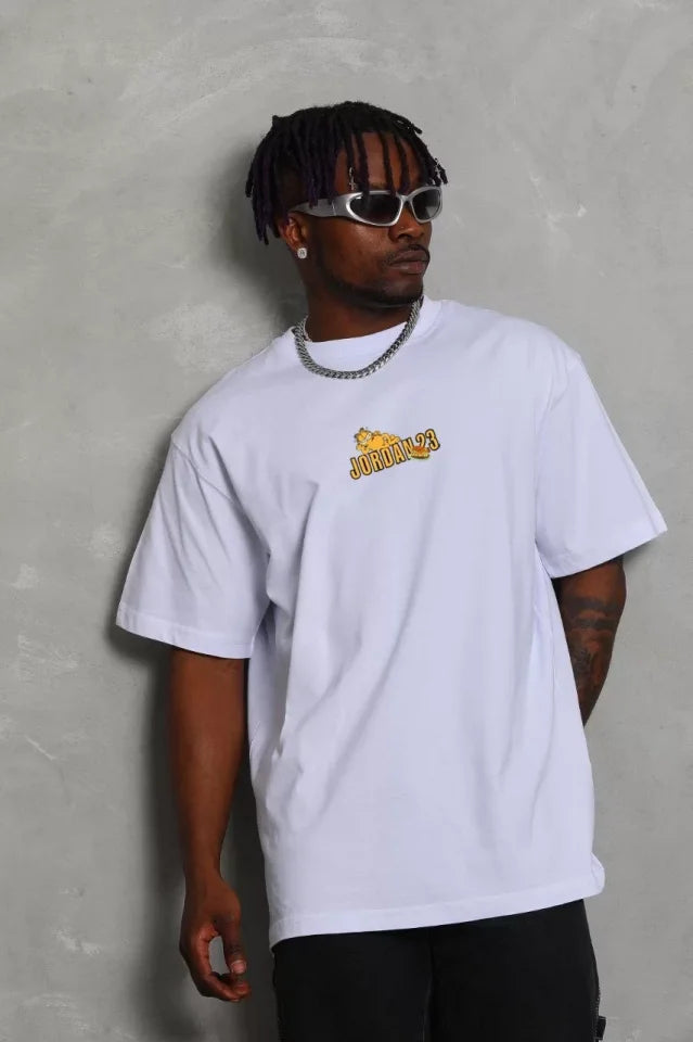 Unisex Bisiklet Yaka Baskılı Oversize T-Shirt - Beyaz (109162)