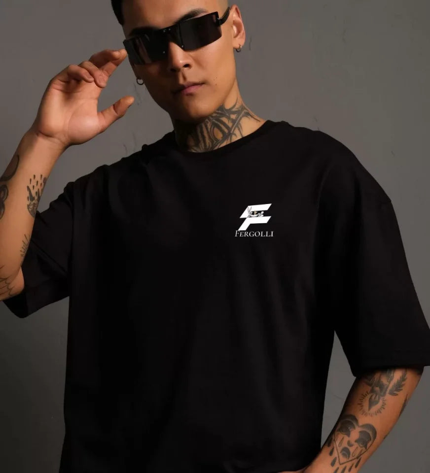 Unisex Bisiklet Yaka Baskılı Oversize T-Shirt - Siyah (109163)