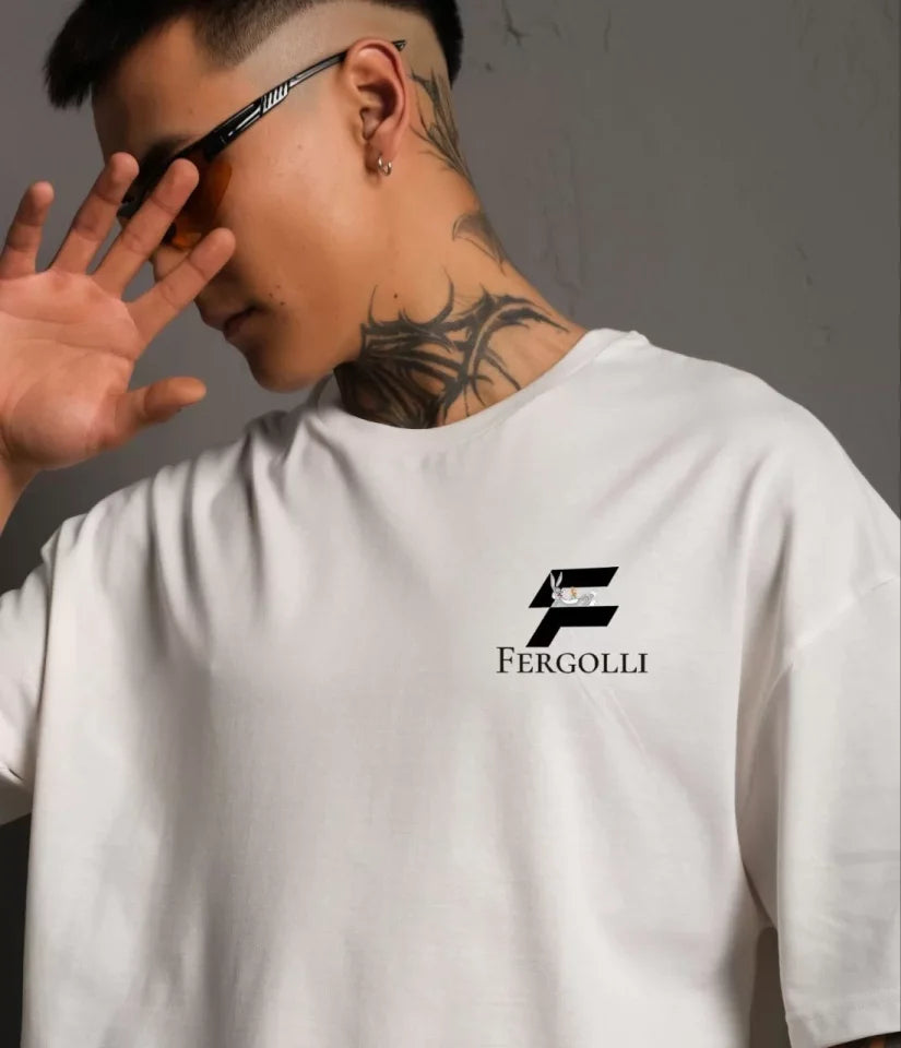 Unisex Bisiklet Yaka Baskılı Oversize T-Shirt - Beyaz (109164)