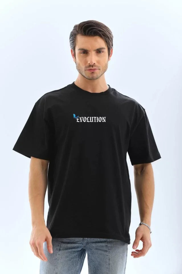 Unisex Bisiklet Yaka Baskılı Oversize T-Shirt - Siyah (109259)
