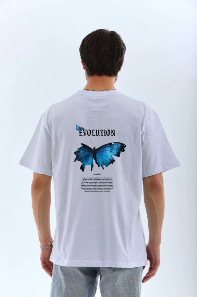 Unisex Bisiklet Yaka Baskılı Oversize T-Shirt - Beyaz (109260)