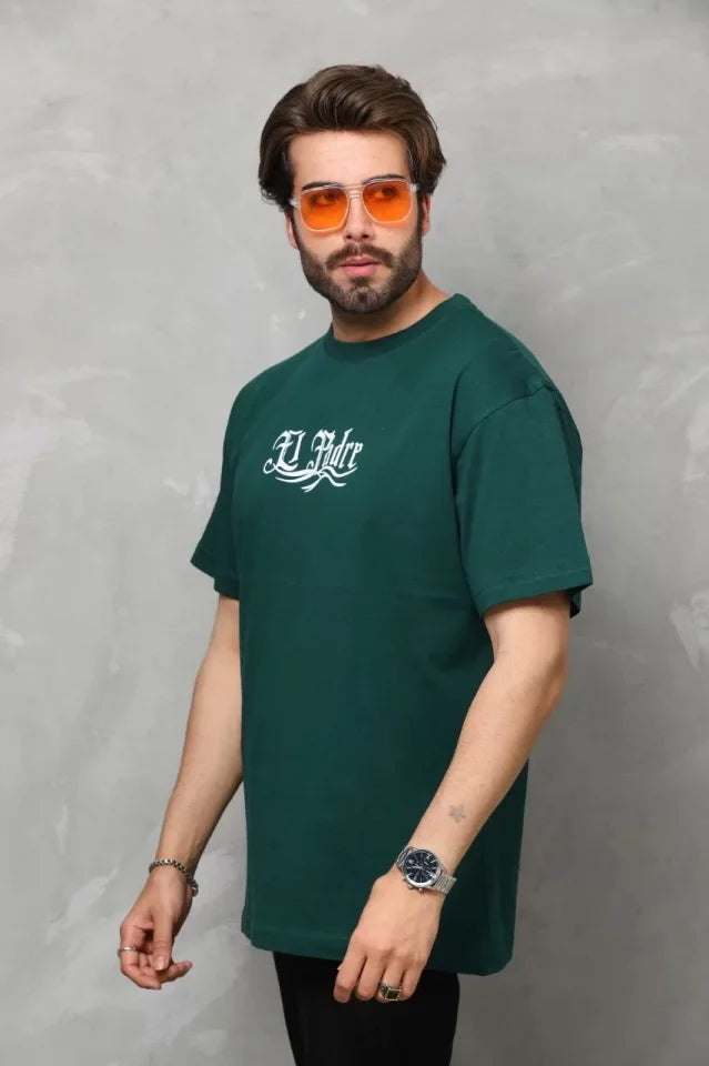Unisex Bisiklet Yaka Baskılı Oversize T-Shirt - Yeşil (110541)