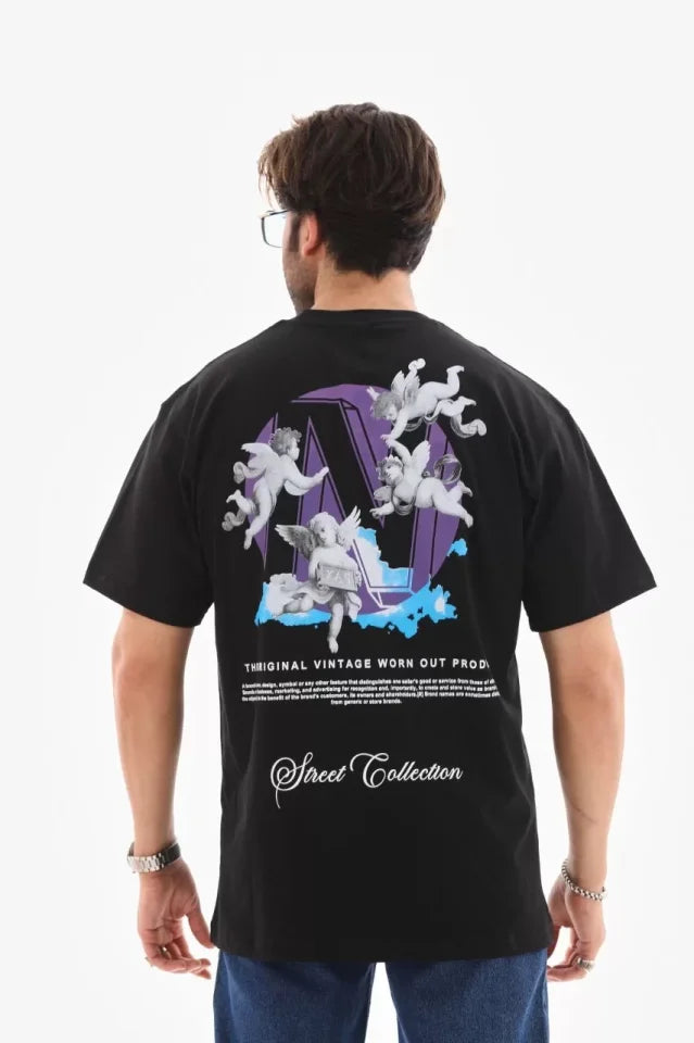 Unisex Bisiklet Yaka Baskılı Oversize T-Shirt - Siyah (110543)