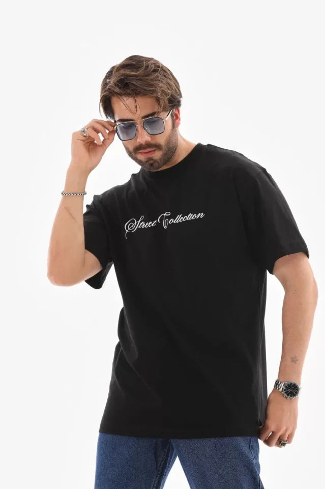 Unisex Bisiklet Yaka Baskılı Oversize T-Shirt - Siyah (110543)