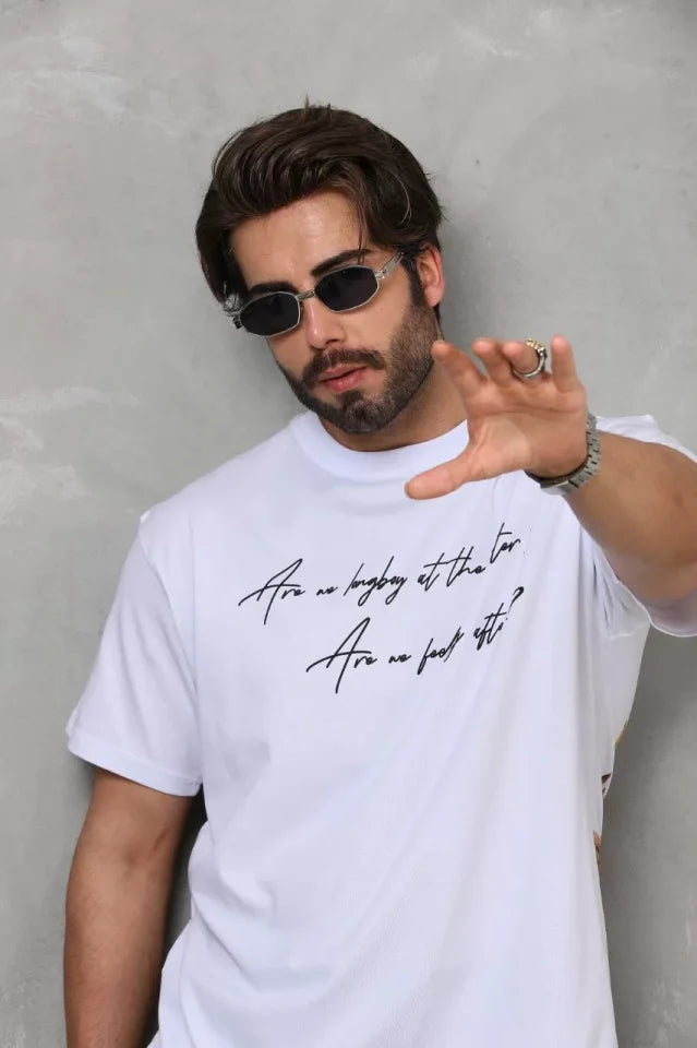 Unisex Bisiklet Yaka Baskılı Oversize T-Shirt - Beyaz (112284)