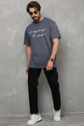 Unisex Bisiklet Yaka Baskılı Oversize T-Shirt - Füme (112285)