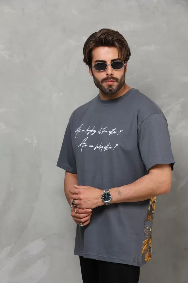 Unisex Bisiklet Yaka Baskılı Oversize T-Shirt - Füme (112285)