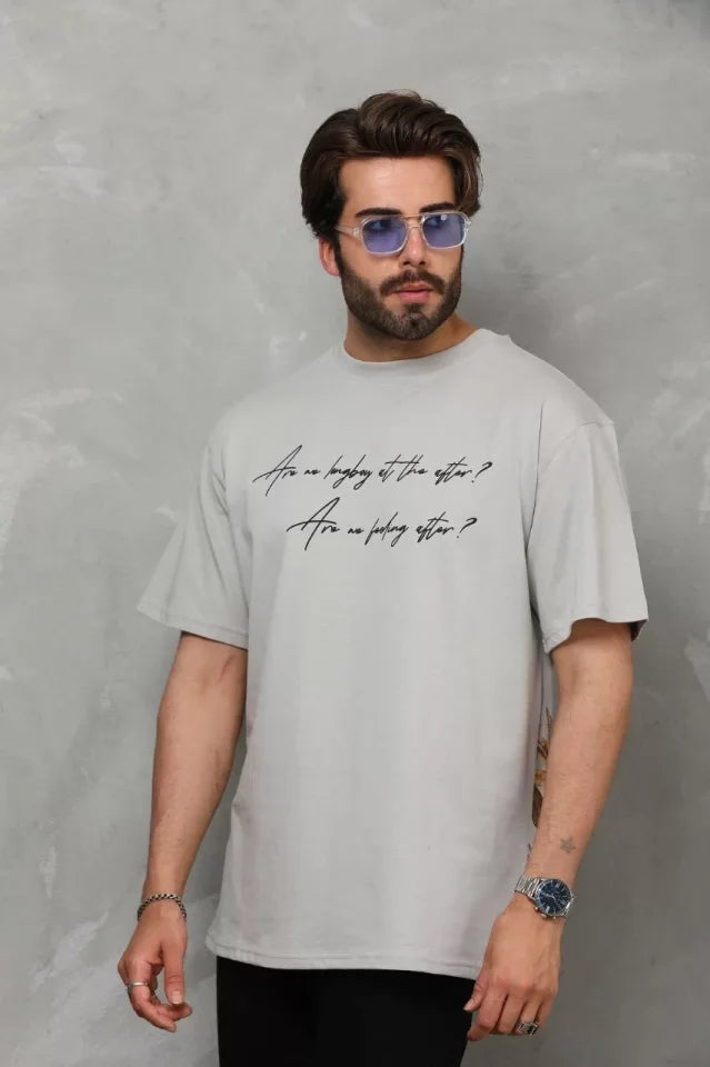 Unisex Bisiklet Yaka Baskılı Oversize T-Shirt - Gri (112286)