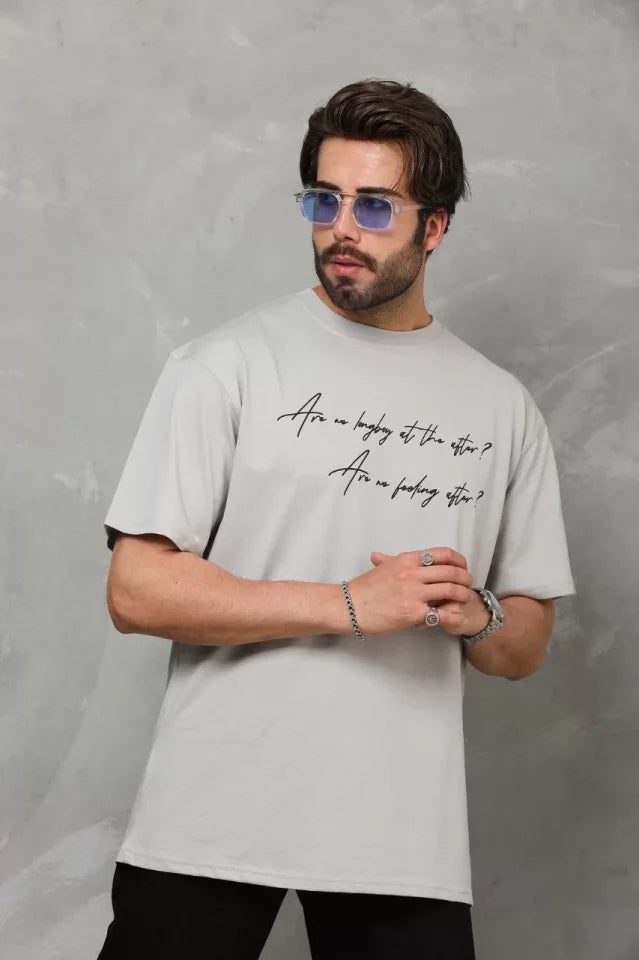 Unisex Bisiklet Yaka Baskılı Oversize T-Shirt - Gri (112286)