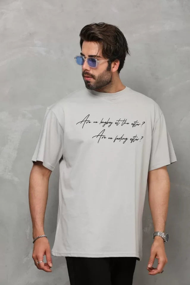 Unisex Bisiklet Yaka Baskılı Oversize T-Shirt - Gri (112286)