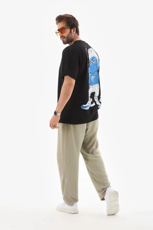 Unisex Bisiklet Yaka Baskılı Oversize T-Shirt - Siyah (112287)