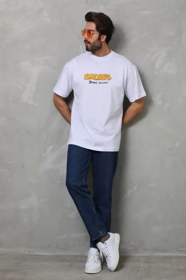 Unisex Bisiklet Yaka Baskılı Oversize T-Shirt - Beyaz (112288)