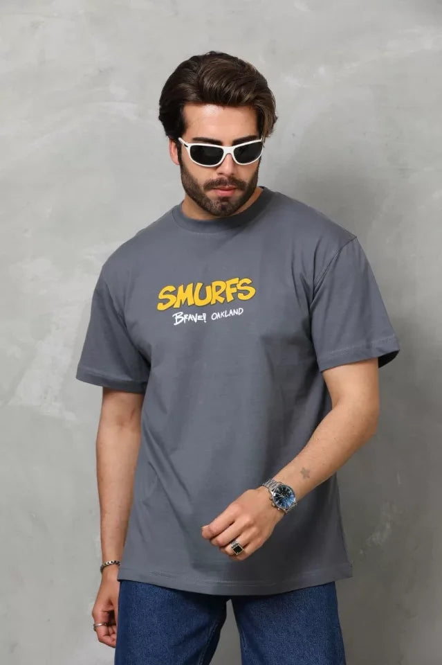 Unisex Basic Bisiklet Yaka Oversize T-Shirt - Füme (112290)