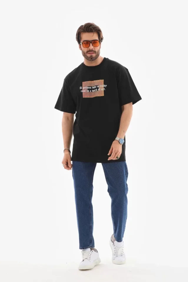 Unisex Bisiklet Yaka Baskılı Oversize T-Shirt - Siyah (112310)