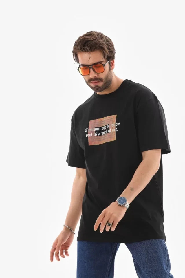 Unisex Bisiklet Yaka Baskılı Oversize T-Shirt - Siyah (112310)