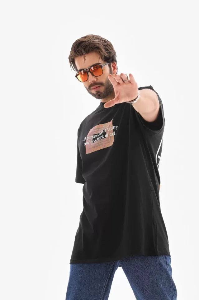 Unisex Bisiklet Yaka Baskılı Oversize T-Shirt - Siyah (112310)