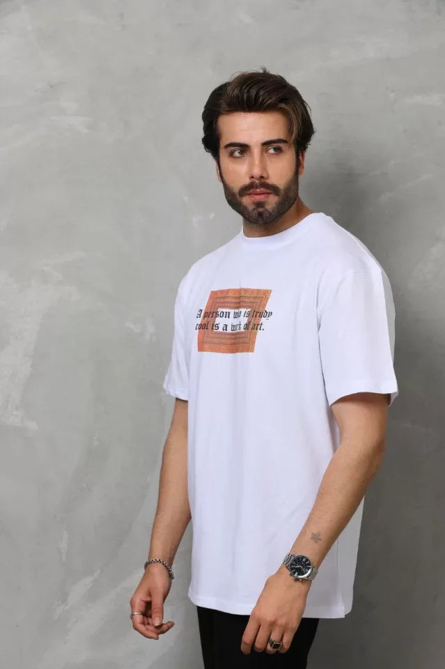 Unisex Bisiklet Yaka Baskılı Oversize T-Shirt - Beyaz (112311)