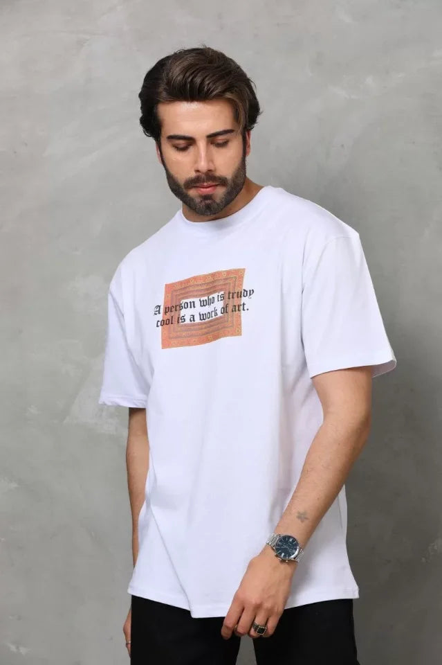 Unisex Bisiklet Yaka Baskılı Oversize T-Shirt - Beyaz (112311)
