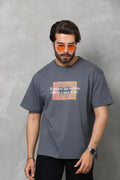 Unisex Bisiklet Yaka Baskılı Oversize T-Shirt - Füme (112312)