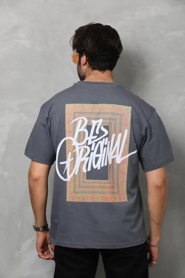 Unisex Bisiklet Yaka Baskılı Oversize T-Shirt - Füme (112312)