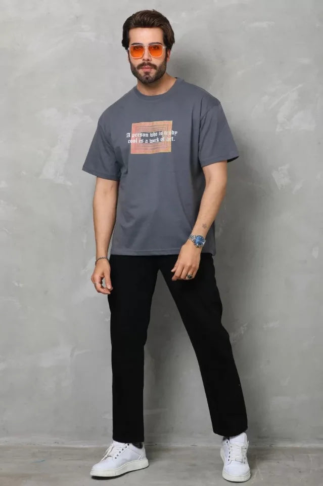 Unisex Bisiklet Yaka Baskılı Oversize T-Shirt - Füme (112312)