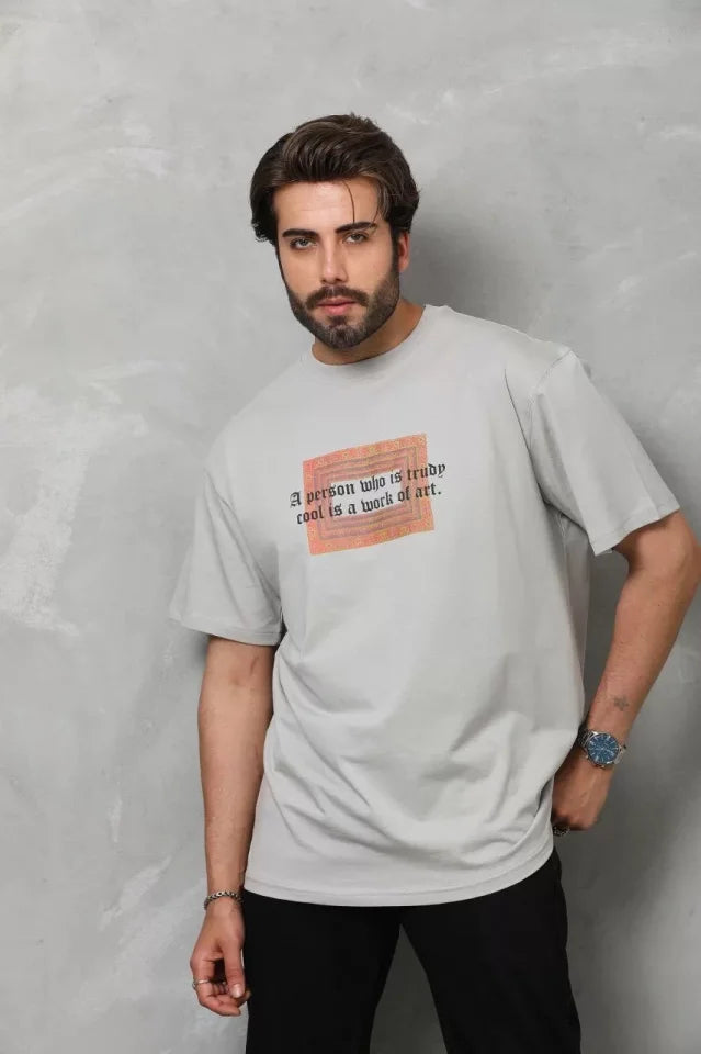 Unisex Bisiklet Yaka Baskılı Oversize T-Shirt - Gri (112313)