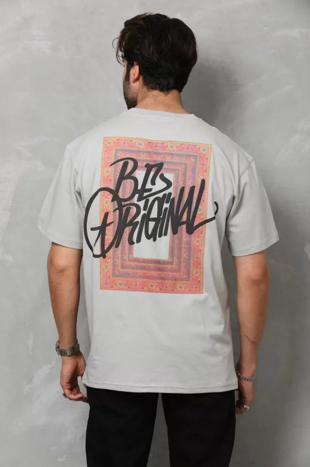 Unisex Bisiklet Yaka Baskılı Oversize T-Shirt - Gri (112313)