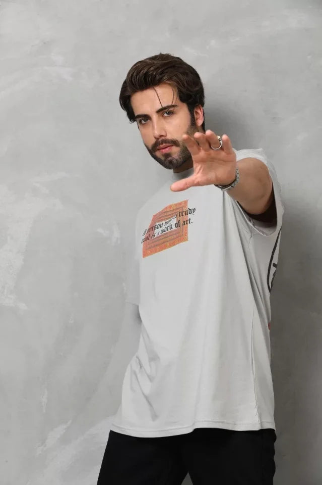 Unisex Bisiklet Yaka Baskılı Oversize T-Shirt - Gri (112313)