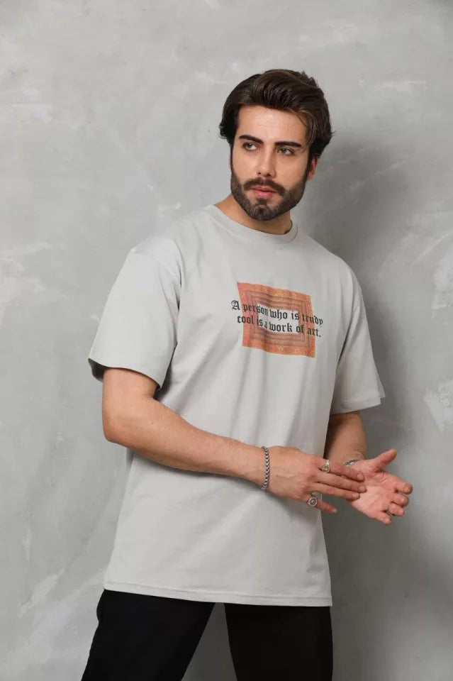 Unisex Bisiklet Yaka Baskılı Oversize T-Shirt - Gri (112313)
