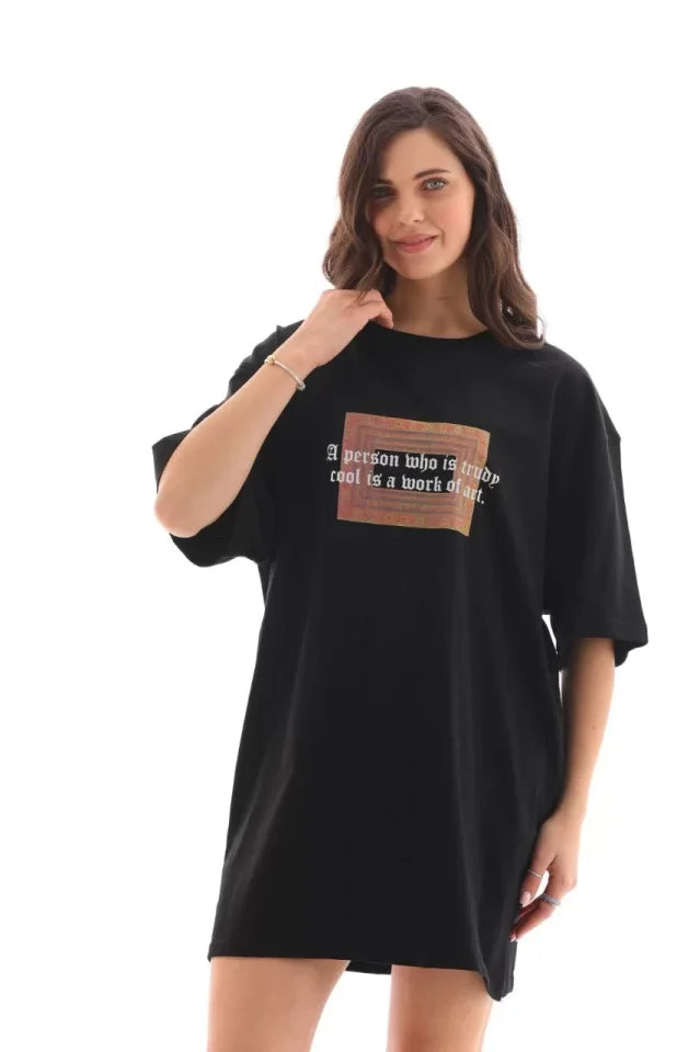 Unisex Bisiklet Yaka Baskılı Oversize T-Shirt - Siyah (112555)