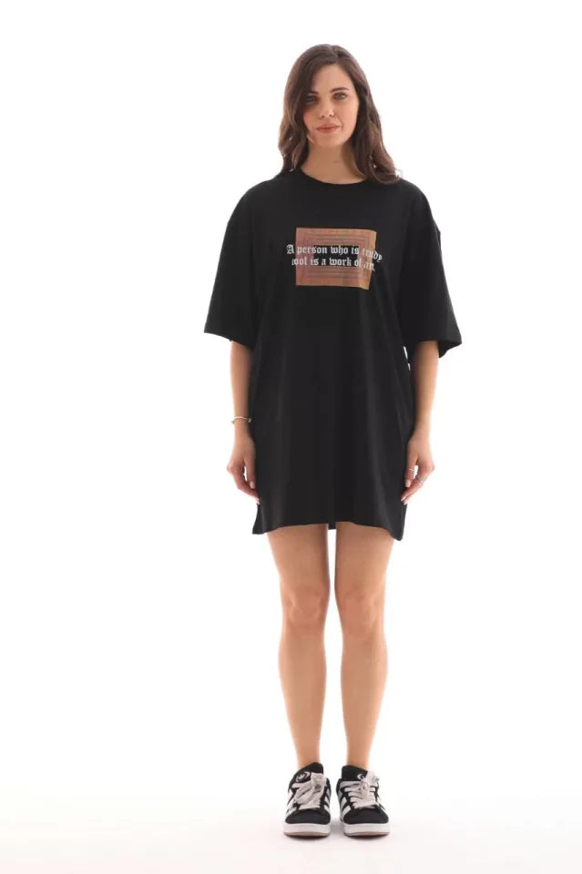 Unisex Bisiklet Yaka Baskılı Oversize T-Shirt - Siyah (112555)