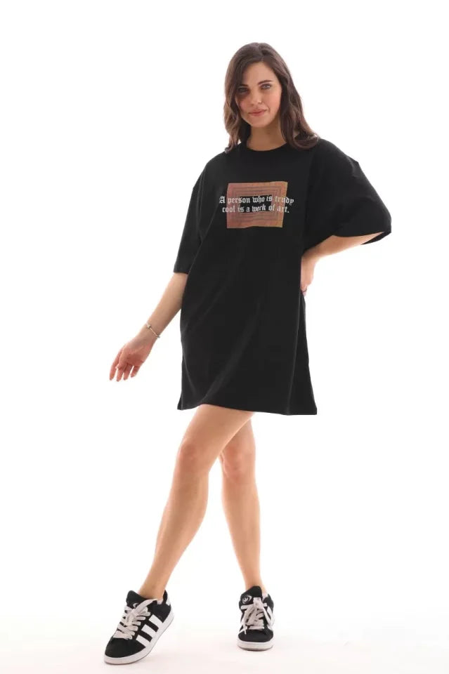 Unisex Bisiklet Yaka Baskılı Oversize T-Shirt - Siyah (112555)