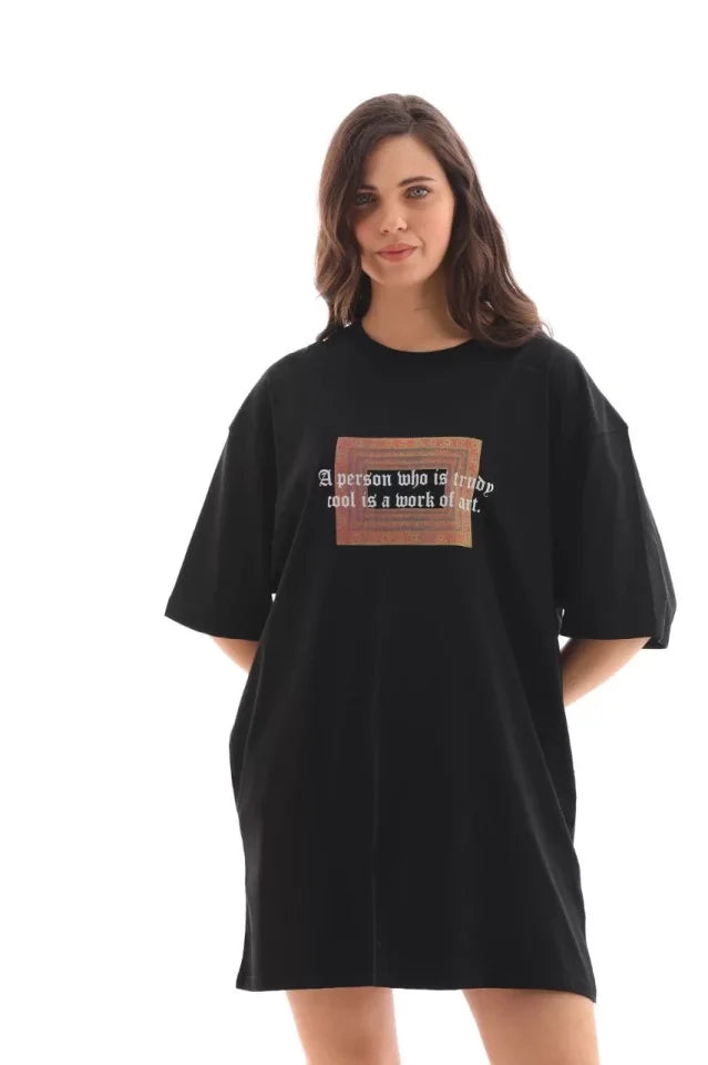 Unisex Bisiklet Yaka Baskılı Oversize T-Shirt - Siyah (112555)