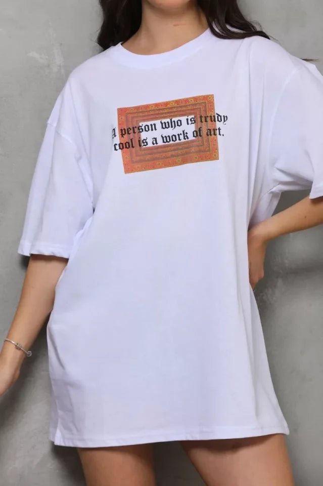 Unisex Bisiklet Yaka Baskılı Oversize T-Shirt - Beyaz (112556)